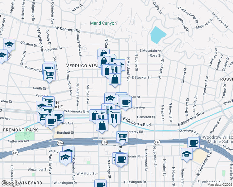 map of restaurants, bars, coffee shops, grocery stores, and more near 1131 North Brand Boulevard in Glendale
