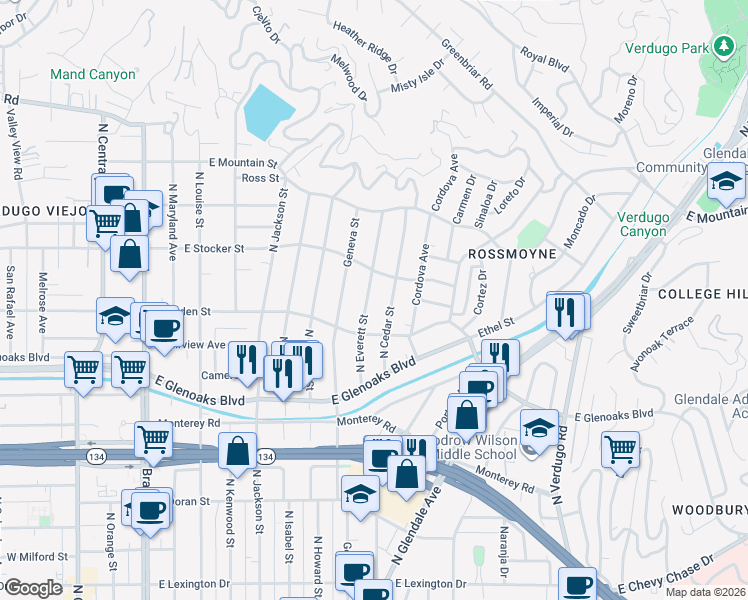 map of restaurants, bars, coffee shops, grocery stores, and more near 1134 North Everett Street in Glendale