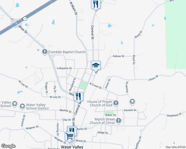map of restaurants, bars, coffee shops, grocery stores, and more near 1305 Central Street in Water Valley