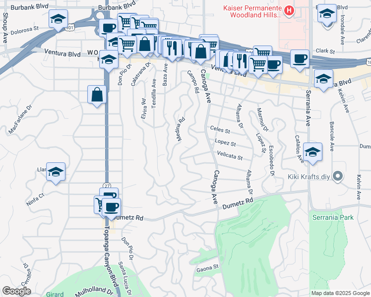 map of restaurants, bars, coffee shops, grocery stores, and more near 5131 Campo Road in Los Angeles