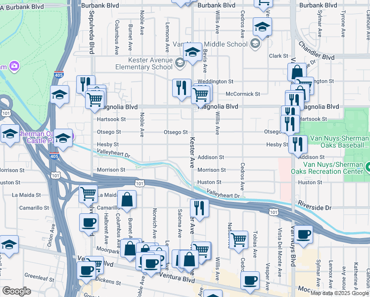 map of restaurants, bars, coffee shops, grocery stores, and more near 14916 Hesby Street in Los Angeles
