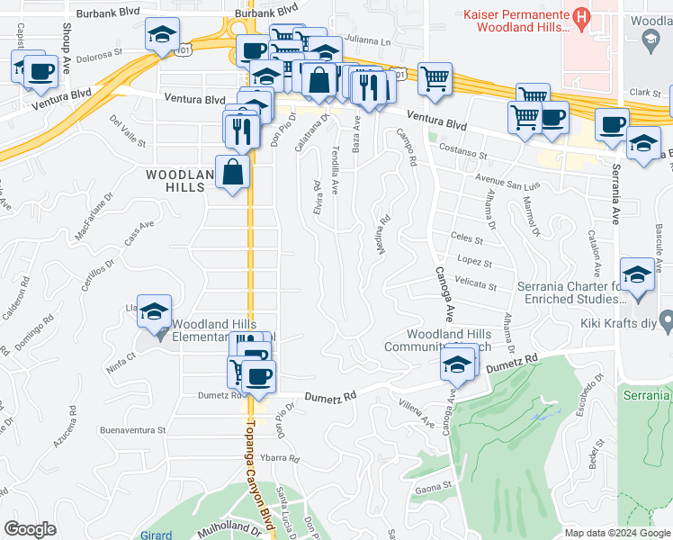 map of restaurants, bars, coffee shops, grocery stores, and more near 5105 Tendilla Avenue in Los Angeles
