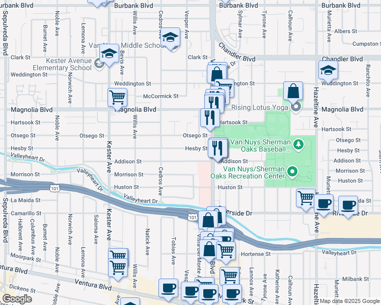 map of restaurants, bars, coffee shops, grocery stores, and more near 14552 Hesby Street in Los Angeles