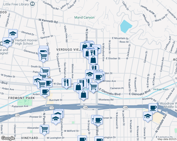 map of restaurants, bars, coffee shops, grocery stores, and more near 1118 North Central Avenue in Glendale