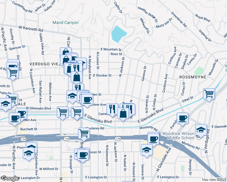 map of restaurants, bars, coffee shops, grocery stores, and more near 415 East Dryden Street in Glendale