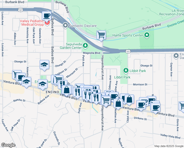 map of restaurants, bars, coffee shops, grocery stores, and more near 5016 Rubio Avenue in Los Angeles