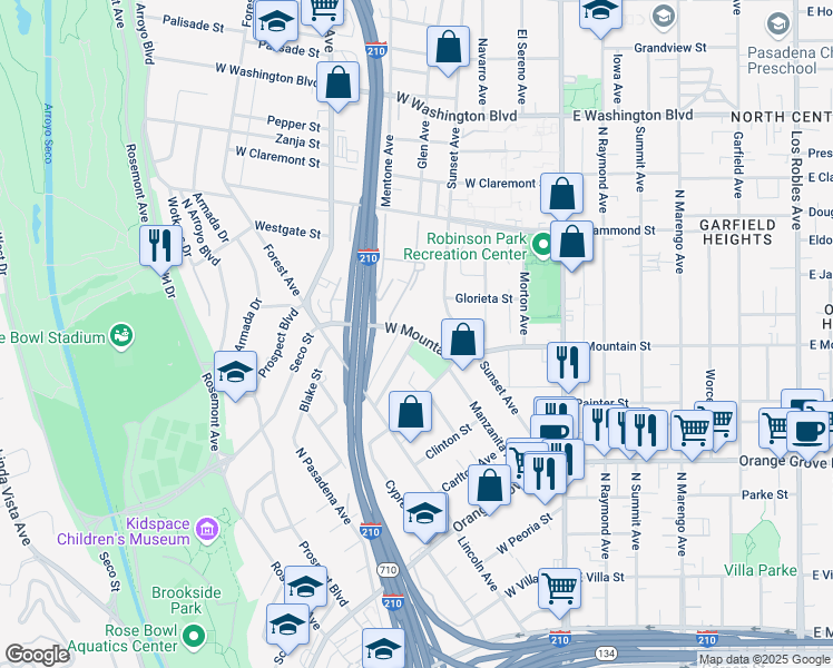 map of restaurants, bars, coffee shops, grocery stores, and more near 245 West Mountain Street in Pasadena