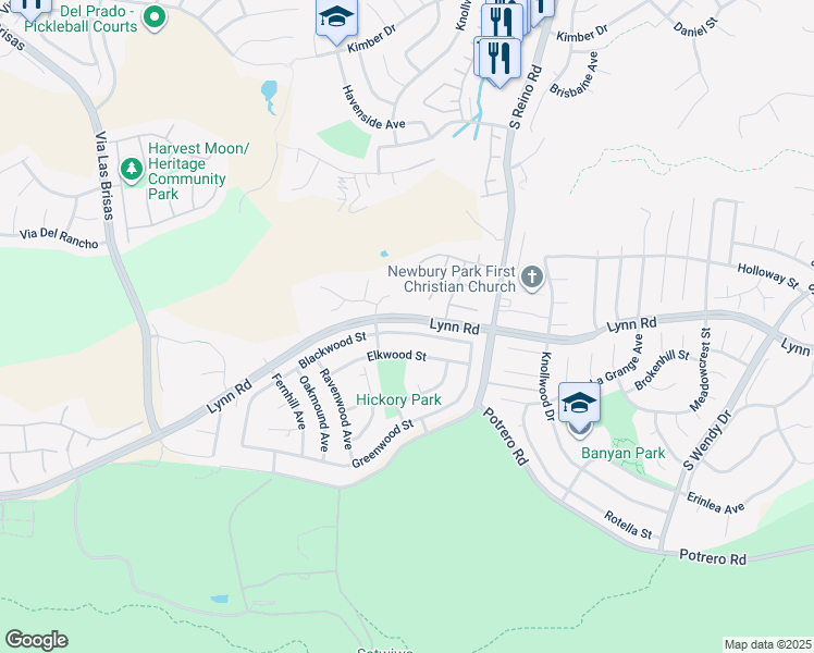 map of restaurants, bars, coffee shops, grocery stores, and more near 3955 Blackwood Street in Thousand Oaks