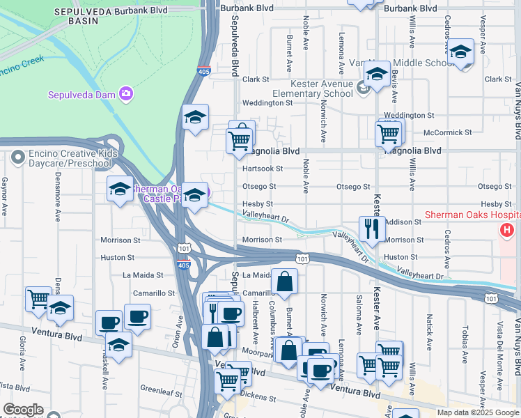 map of restaurants, bars, coffee shops, grocery stores, and more near 15218 Hesby Street in Los Angeles