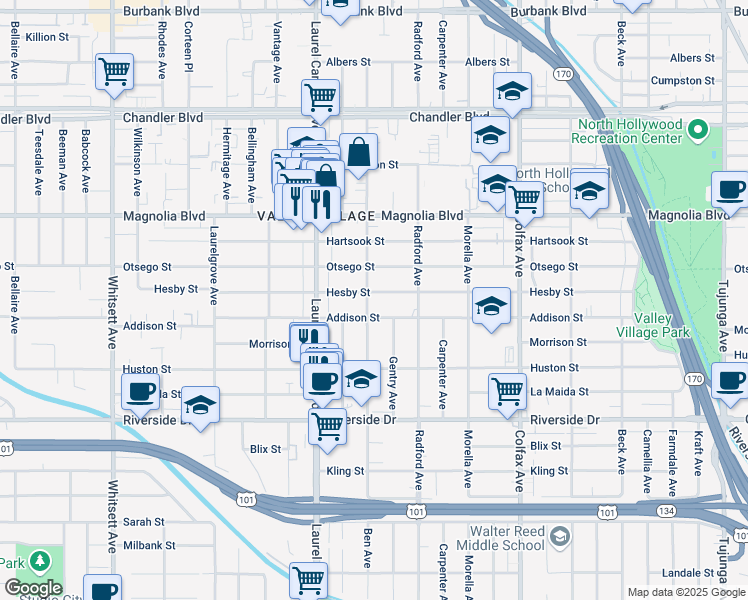 map of restaurants, bars, coffee shops, grocery stores, and more near 11952 Hesby Street in Los Angeles