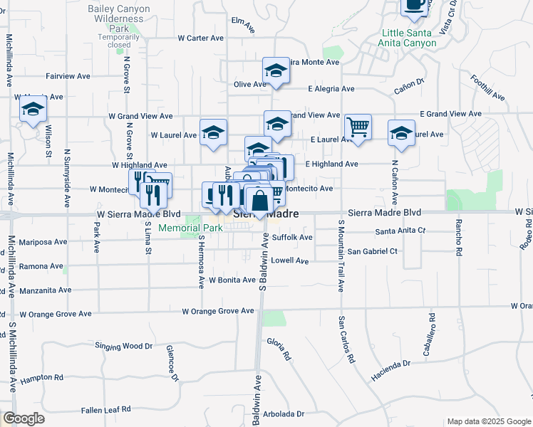 map of restaurants, bars, coffee shops, grocery stores, and more near 2 South Baldwin Avenue in Sierra Madre