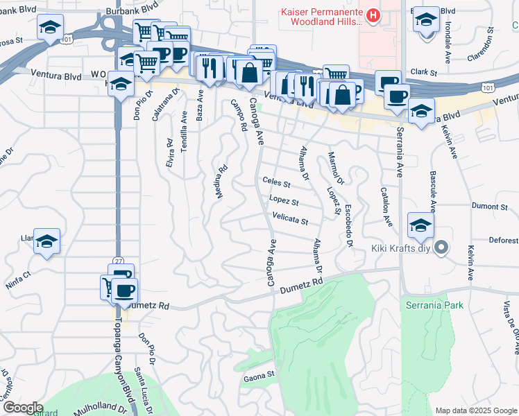 map of restaurants, bars, coffee shops, grocery stores, and more near 5109 Canoga Avenue in Los Angeles