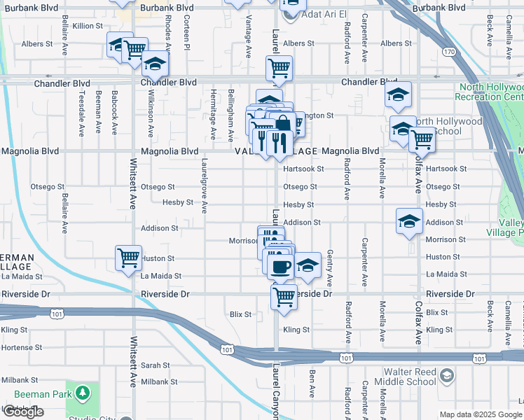map of restaurants, bars, coffee shops, grocery stores, and more near 12139 Hesby Street in Los Angeles