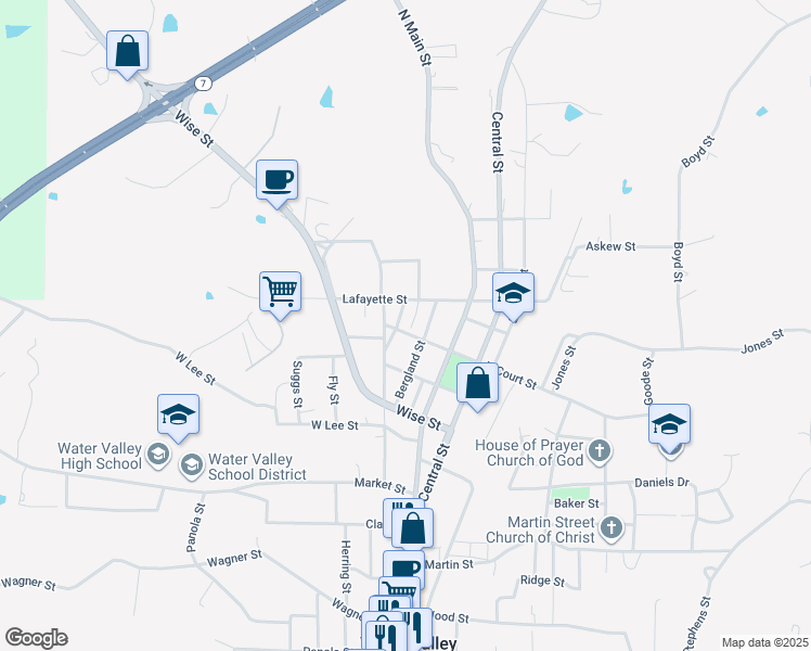 map of restaurants, bars, coffee shops, grocery stores, and more near Lafayette Street in Water Valley