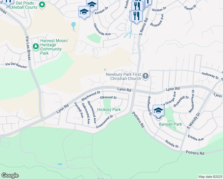 map of restaurants, bars, coffee shops, grocery stores, and more near 3955 Blackwood Street in Thousand Oaks