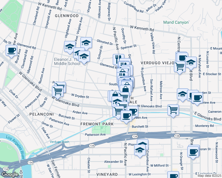 map of restaurants, bars, coffee shops, grocery stores, and more near 529 South Street in Glendale