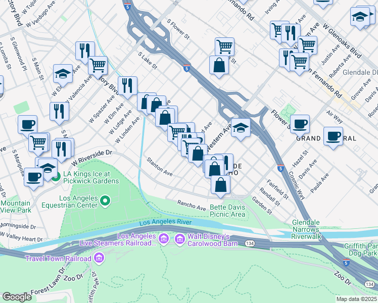 map of restaurants, bars, coffee shops, grocery stores, and more near 1725 Victory Boulevard in Glendale