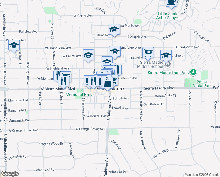 map of restaurants, bars, coffee shops, grocery stores, and more near 2 Sierra Madre Boulevard in Sierra Madre