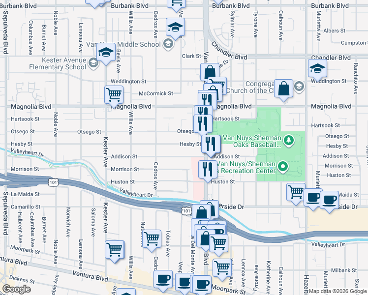 map of restaurants, bars, coffee shops, grocery stores, and more near 14552 Hesby Street in Los Angeles