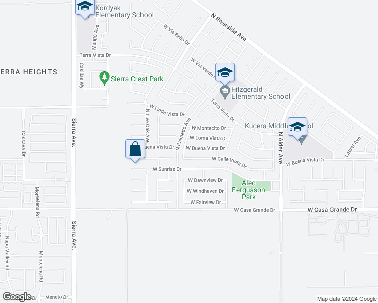map of restaurants, bars, coffee shops, grocery stores, and more near 2667 West Buena Vista Drive in Rialto