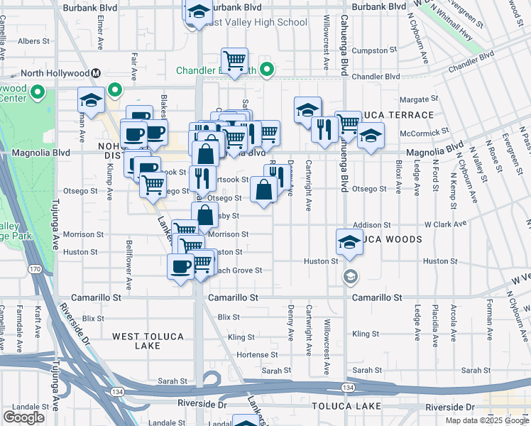 map of restaurants, bars, coffee shops, grocery stores, and more near 10822 Otsego Street in Los Angeles