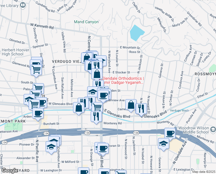 map of restaurants, bars, coffee shops, grocery stores, and more near 1131 North Maryland Avenue in Glendale