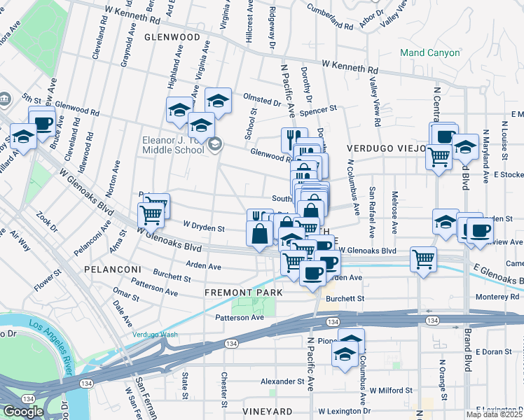 map of restaurants, bars, coffee shops, grocery stores, and more near 566 South Street in Glendale