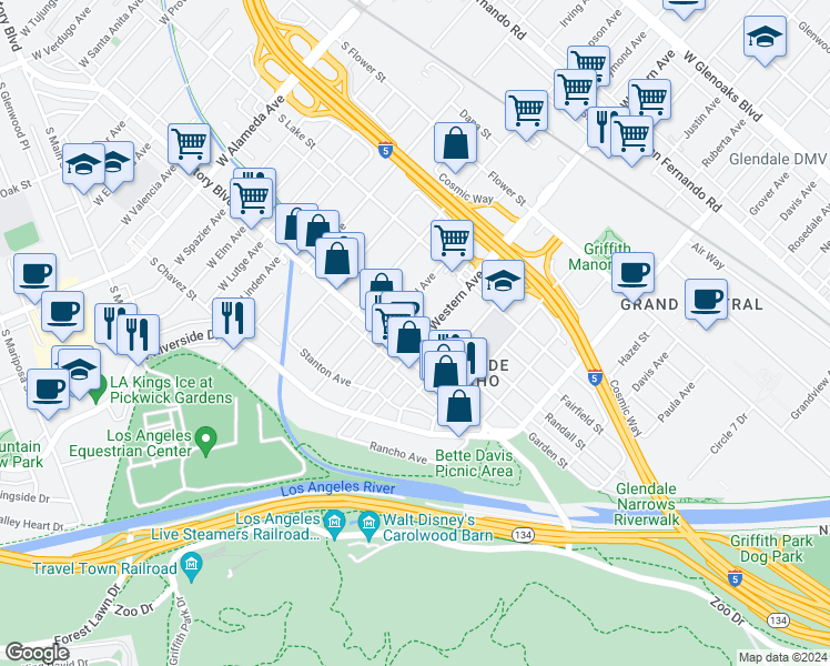 map of restaurants, bars, coffee shops, grocery stores, and more near 316 Raymond Avenue in Glendale