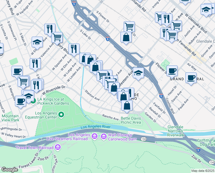 map of restaurants, bars, coffee shops, grocery stores, and more near 316 Raymond Avenue in Glendale