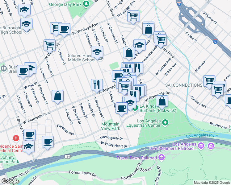 map of restaurants, bars, coffee shops, grocery stores, and more near 1204 West Alameda Avenue in Burbank