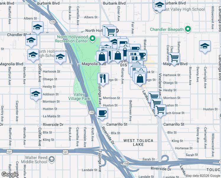 map of restaurants, bars, coffee shops, grocery stores, and more near 5060 Bakman Avenue in Los Angeles