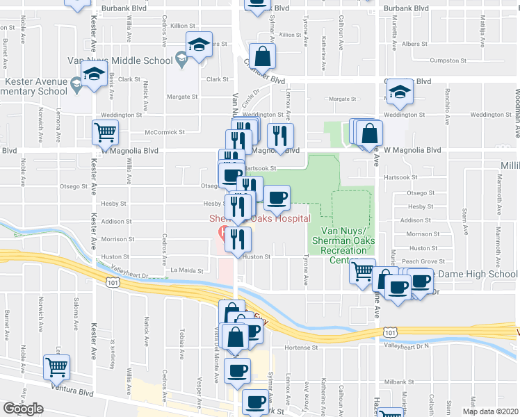 map of restaurants, bars, coffee shops, grocery stores, and more near 5026 Tilden Avenue in Los Angeles
