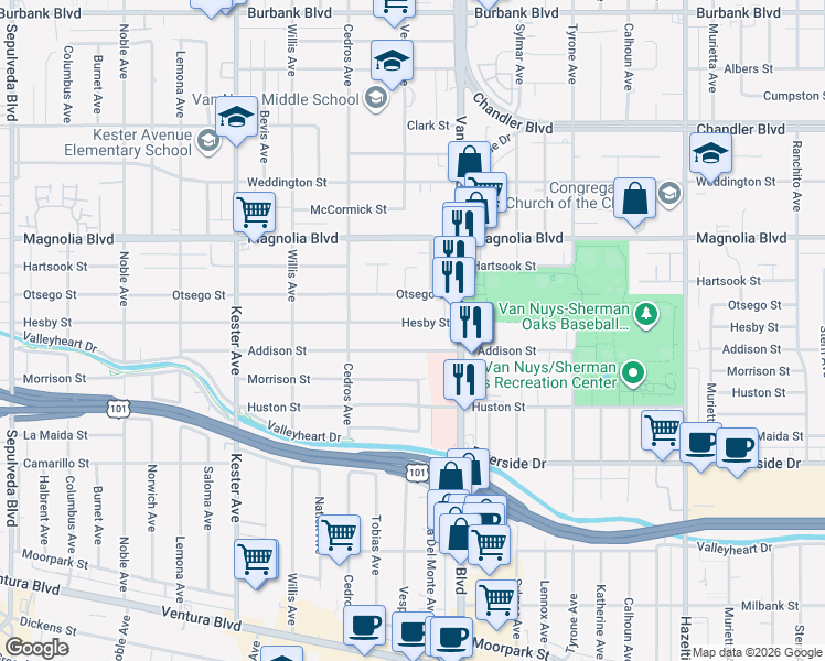 map of restaurants, bars, coffee shops, grocery stores, and more near 14549 Hesby Street in Los Angeles
