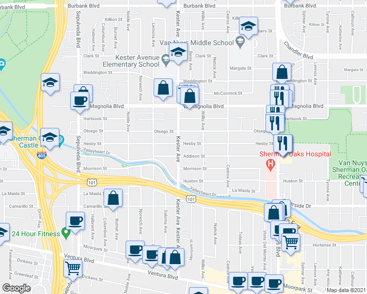 map of restaurants, bars, coffee shops, grocery stores, and more near 14833 Hesby Street in Los Angeles