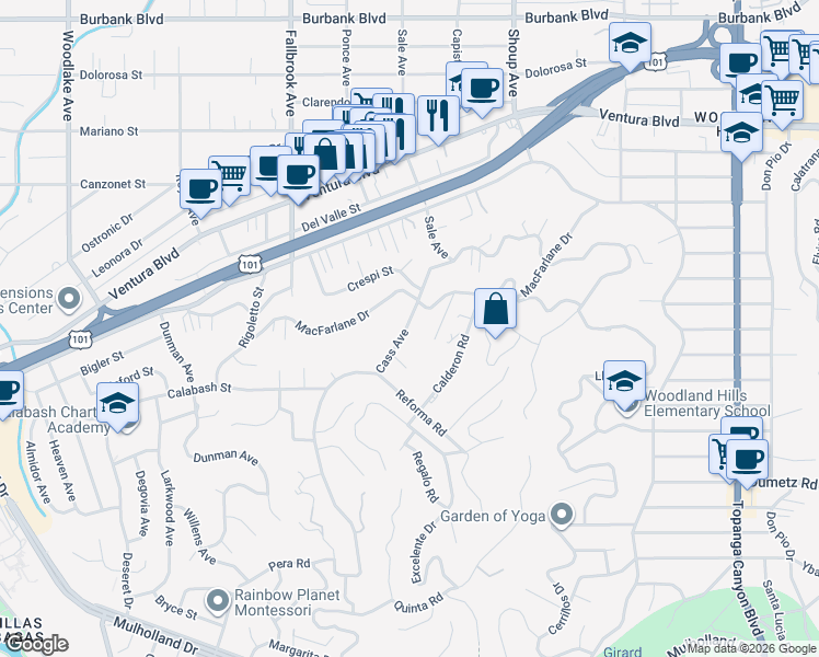 map of restaurants, bars, coffee shops, grocery stores, and more near 22610 Cass Avenue in Los Angeles