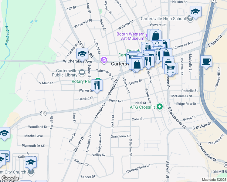 map of restaurants, bars, coffee shops, grocery stores, and more near 222 Leake Street in Cartersville