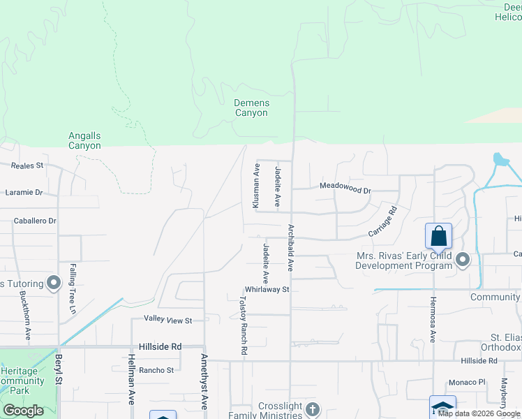 map of restaurants, bars, coffee shops, grocery stores, and more near 5038 Klusman Avenue in Rancho Cucamonga