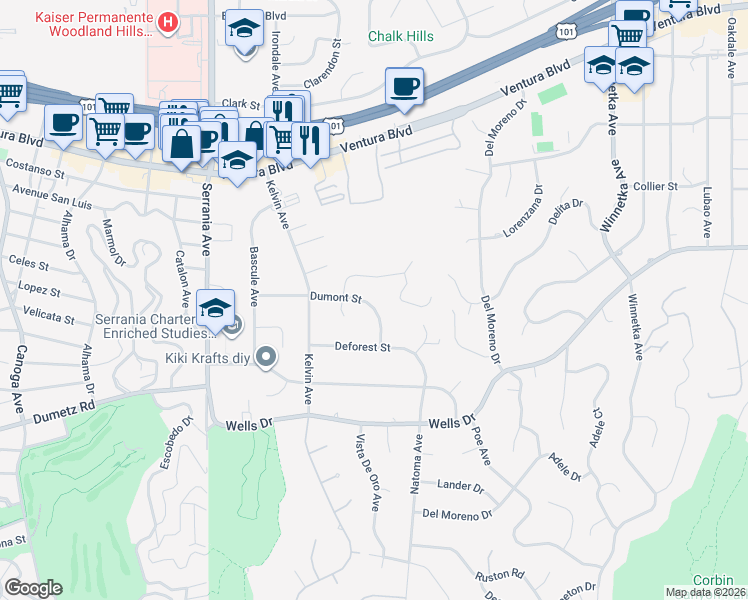 map of restaurants, bars, coffee shops, grocery stores, and more near 20555 Dumont Street in Los Angeles