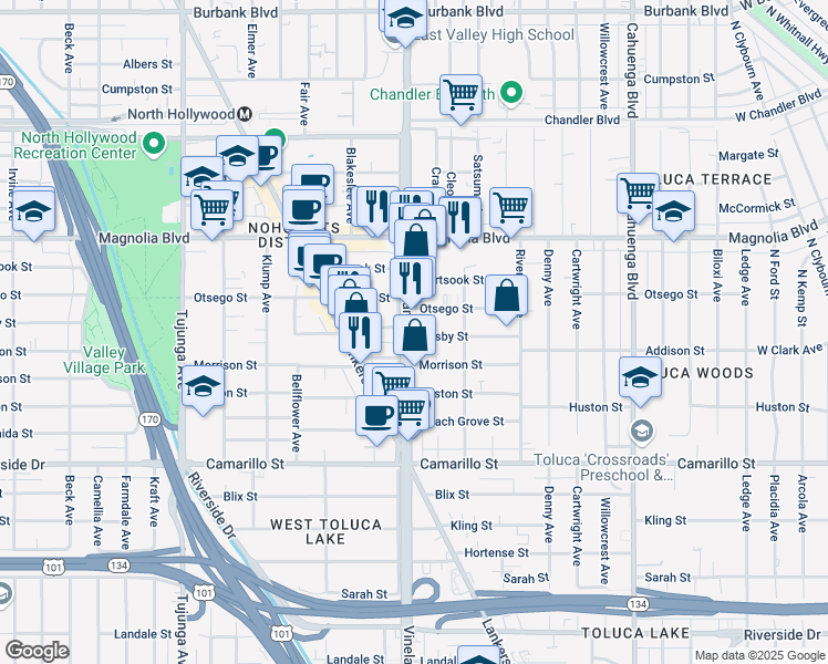 map of restaurants, bars, coffee shops, grocery stores, and more near 10942 Otsego Street in Los Angeles