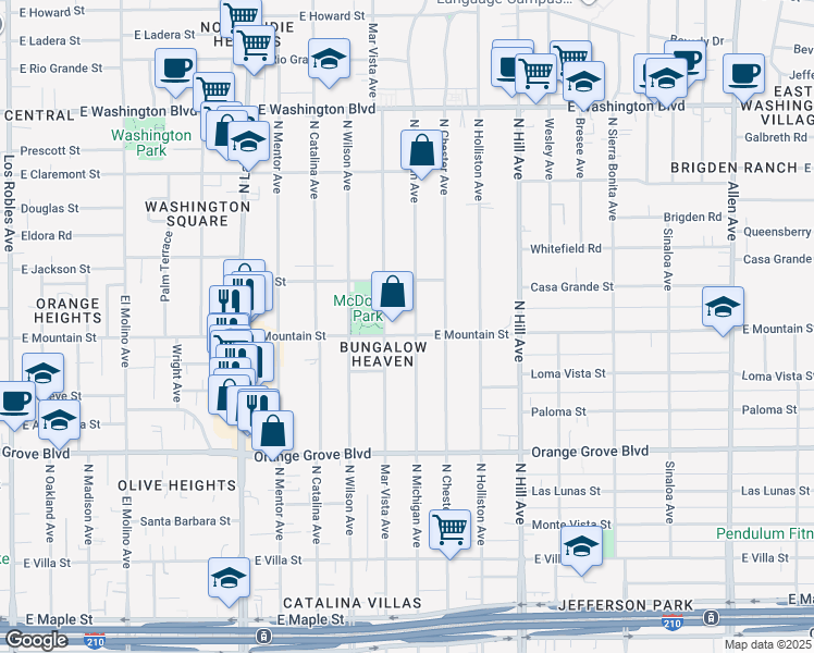 map of restaurants, bars, coffee shops, grocery stores, and more near 958 Mar Vista Avenue in Pasadena