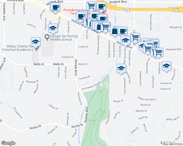 map of restaurants, bars, coffee shops, grocery stores, and more near 18433 Tarzana Drive in Los Angeles