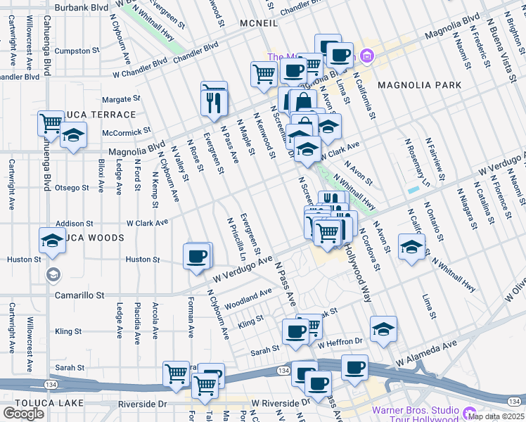 map of restaurants, bars, coffee shops, grocery stores, and more near 710 North Pass Avenue in Burbank