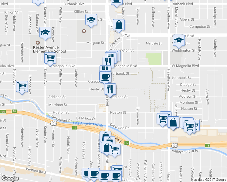 map of restaurants, bars, coffee shops, grocery stores, and more near 5026 Tilden Avenue in Los Angeles