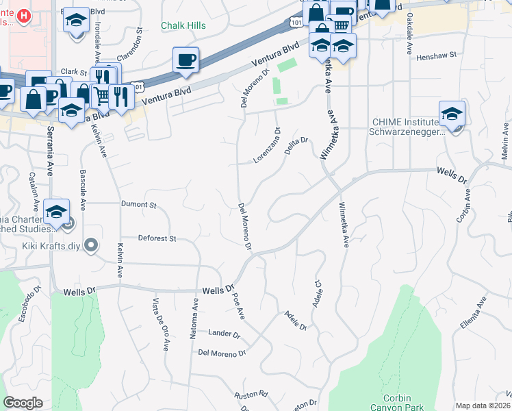 map of restaurants, bars, coffee shops, grocery stores, and more near 20274 Delita Drive in Los Angeles