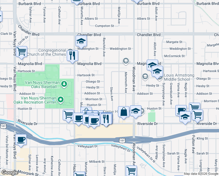 map of restaurants, bars, coffee shops, grocery stores, and more near 5023 Stern Avenue in Los Angeles