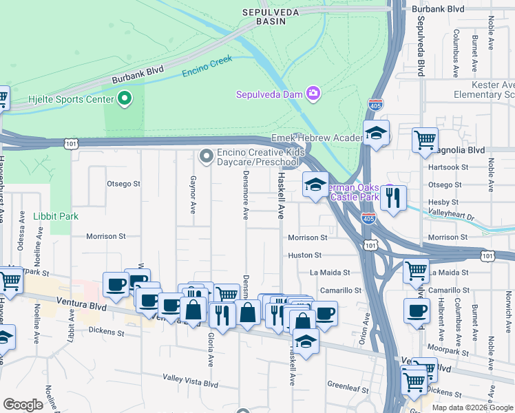 map of restaurants, bars, coffee shops, grocery stores, and more near 15741 Addison Street in Los Angeles