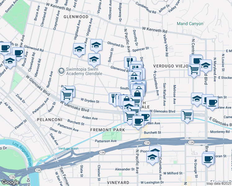 map of restaurants, bars, coffee shops, grocery stores, and more near 569 Palm Drive in Glendale