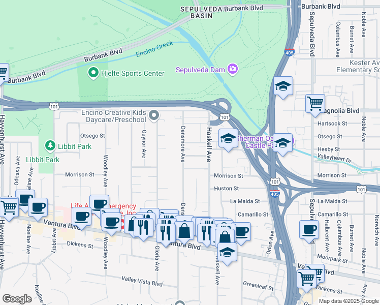 map of restaurants, bars, coffee shops, grocery stores, and more near 15747 Addison Street in Los Angeles