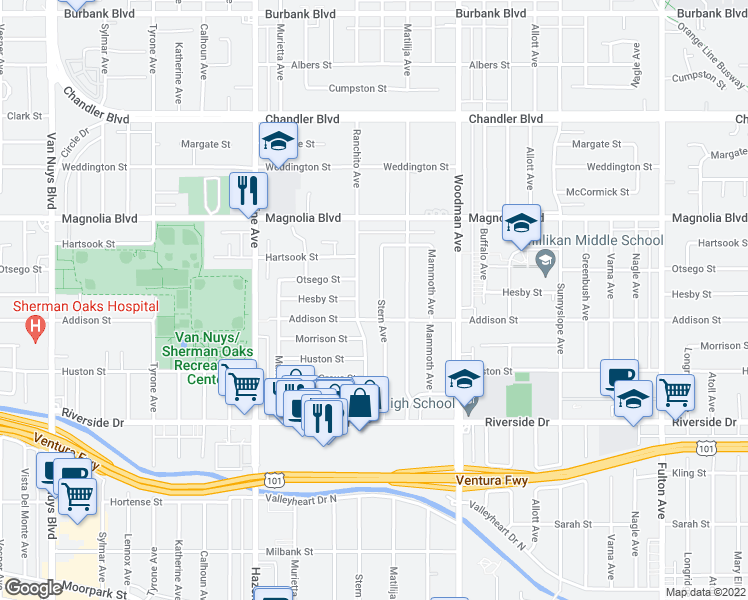 map of restaurants, bars, coffee shops, grocery stores, and more near 5023 Stern Avenue in Los Angeles