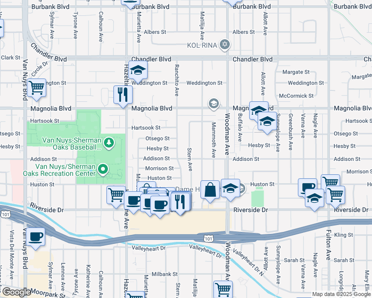 map of restaurants, bars, coffee shops, grocery stores, and more near 5023 Stern Avenue in Los Angeles